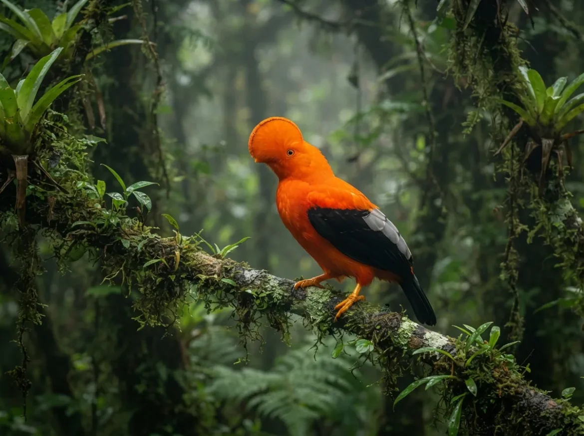 Male Andean Cock-of-the-rock perched in green cloud forest