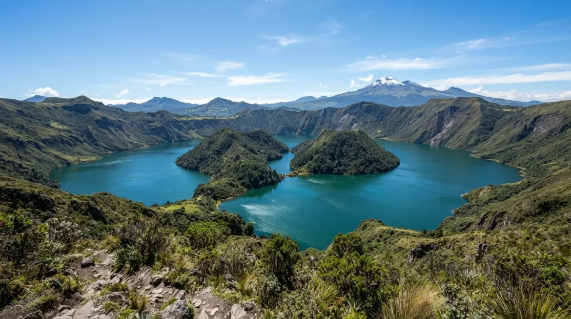 Cuicocha crater lake near Otavalo, Ecuador, with forested islands