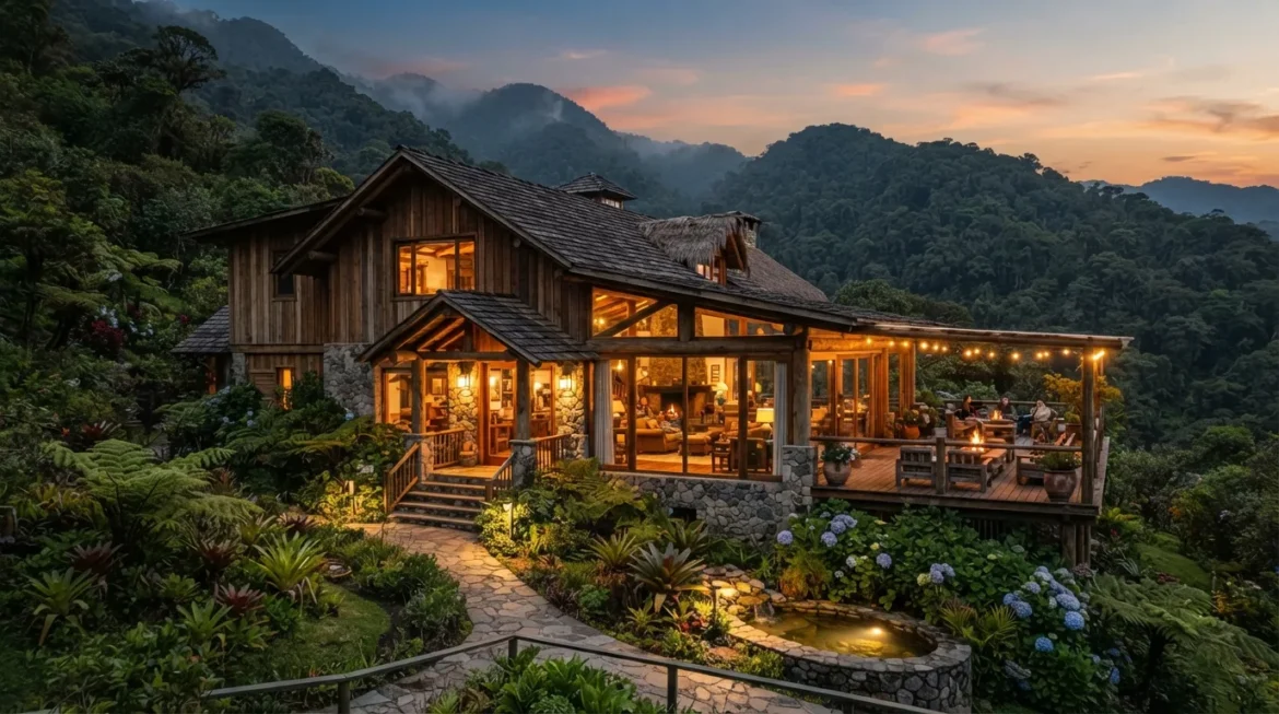 Boutique wilderness ecolodge glowing at dusk in the Ecuadorian Andes