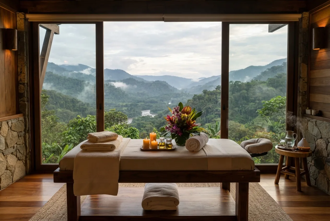 Spa treatment room with a forest view at Hacienda Primavera