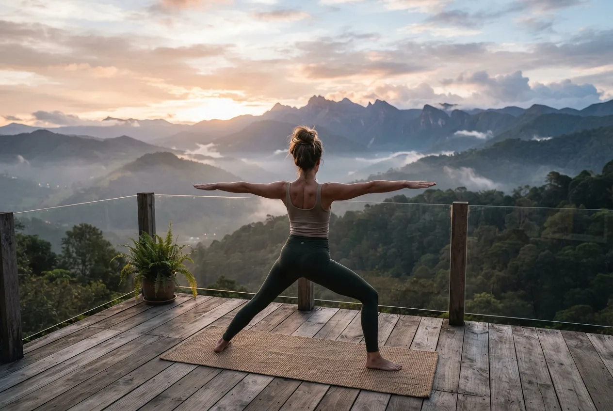 Person doing sunrise yoga on a deck overlooking misty Andean mountains